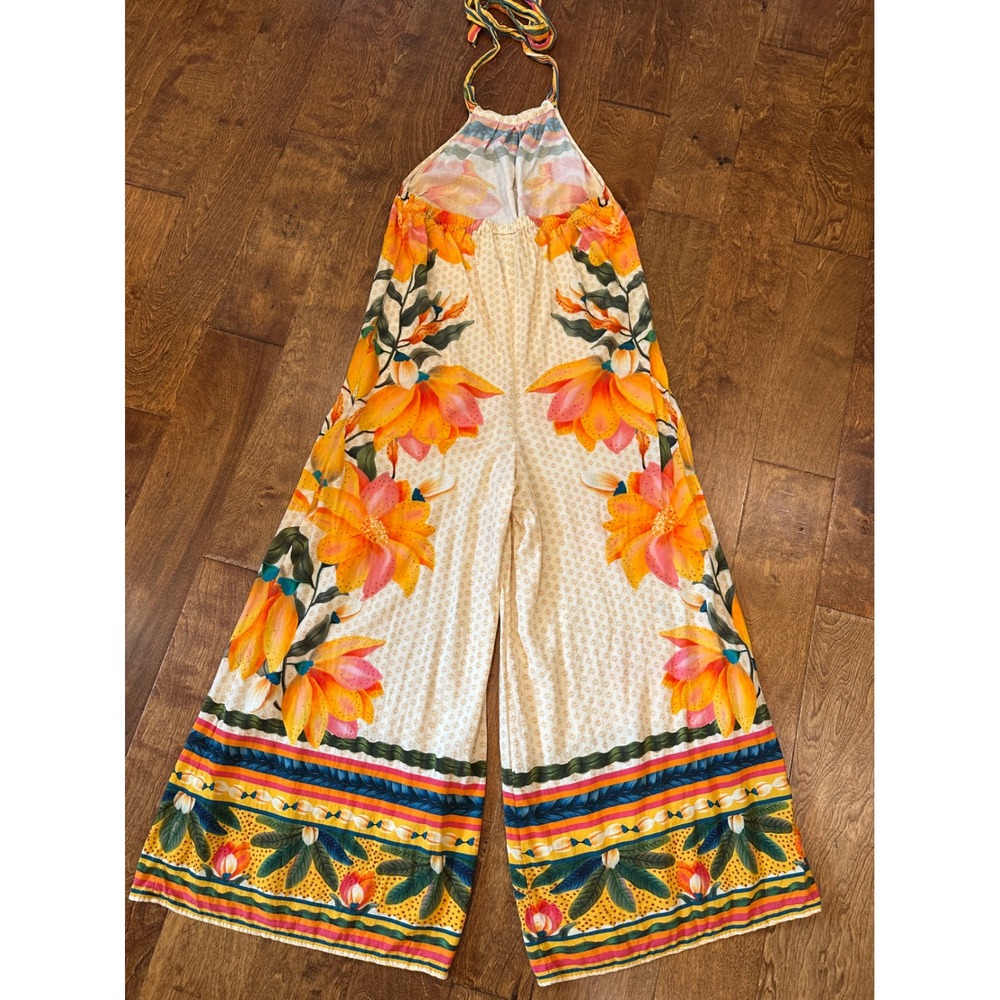 Farm Rio Tropical Floral Wide Leg Halter Jumpsuit Sz L Yellow Boho Anthropologie - Picture 6 of 16